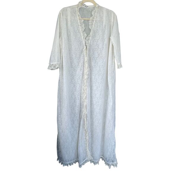 VTG Angela Gore London White Lace Long Dressing Gown Robe Sheer Ruffle 60s 70s - Picture 1 of 8